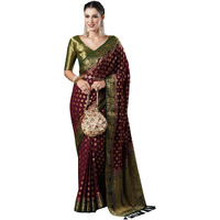 AKHILAM Womens Burgundy Woven Design Georgette Saree With Unstitched Blouse Piece (19ALEKHA1902)