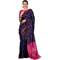 SIRIL Womens Banarasi Jacquard Soft Silk Kanjeevaram Saree With Unstitched Blouse Piece (3759S138A_Navy Blue)