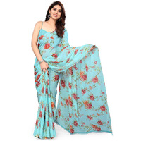 MIRCHI FASHION Womens Plain Weave Chiffon Botanical Printed Saree with Blouse Piece (38266-Light Turquoise, Red, Orange)