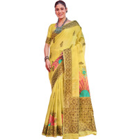 SWORNOF Womens Organza Woven Designer Saree with Unstitched Blouse With Boluse Piece (YELLOW)