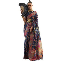 SWORNOF Womens Patola Silk Saree With Unstitched Boluse Piece (DARK BLUE)