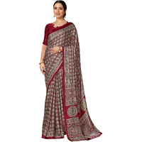 AKHILAM Womens Maroon Digital Print Crepe Saree With Unstitched Blouse Piece