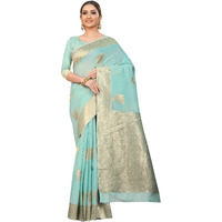 Enthone Womens Cotton Gold Zari Woven Thread Saree With Unstitched Blouse Piece(Blue)