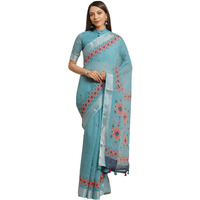 AKHILAM Womens Linen Geometric Saree With Unstitched Boluse Piece(Teal Blue_KHNA83009)