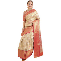 EthnicJunction Womens Banarasi Silk Blend Woven Saree With Unstitched Blouse Piece (EJ7064-Upasana-Cream_Cream)