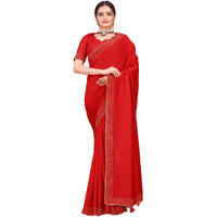 SWADESI STUFF Vichitra Silk Saree with Banglory Silk Blouse & Stunning Crystal Fix Embellishments - Latest Wear for Women (Red)