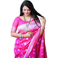 AMIRAT Womens Banarasi Pure Soft Silk Handloom Saree Pure Silver Zari With Blouse Piece (PInk)