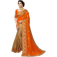 TRENDMALLS Womens Silk Satin Embroidery Half n Half Saree with Blouse Piece (K810-Orange)