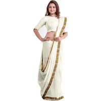 TEXATION Womens Kerala Kasavu Plain Cotton Saree With Running Blouse Piece (100% Cotton) (Saree 5.5 meter, Blouse 0.8 meter) (Gold)