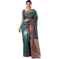 AKHILAM Womens Ethnic Motif Silk Blend Woven Design Saree With Unstitched Blouse Piece (Teal blue_13PAKHI1405)