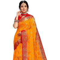 iZibra Silk Saree for Women Kanjeevaram Soft Wedding Cotton Collection Banarasi Sadi Original Kanchipuram Pure New Ladies Pattu with Unstitched Blouse Piece 2023(Rajnigandha)(Yellow)