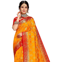 iZibra kanjivaram silk saree wedding cotton sarees for women Banarasi sadi original Kanchipuram pure sadi pattu sari with blouse piece 2023(Barmasi) (Yellow)