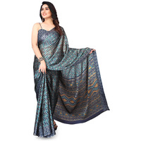 MIRCHI FASHION Womens Plain Weave Chiffon Ikat Printed Saree with Blouse Piece (36888-Blue, Beige, Mustard)