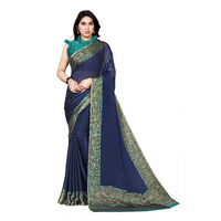 SOURBH Womens Plain Weave Chiffon Floral Border-Palav Printed Saree with Blouse Piece (25814-Navy Blue, Turquoise)