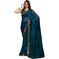 AKHILAM Womens Chiffon Blue Embellished Saree With Blouse Piece