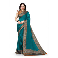 SOURBH Womens Plain Weave Chiffon Floral Border-Palav Printed Saree with Blouse Piece (29966-Teal, Orange)