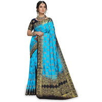 Izibra Womens Kanchipuram Silk Saree With Blouse Piece (Barmasi_Sky Blue Navy Blue)