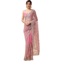 TRENDMALLS Womens Net Embroidery Saree with Blouse Piece (K1083-LightPink)