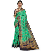 Izibra Womens Kanchipuram Silk Saree With Blouse Piece (Barmasi_Green Navy Blue)