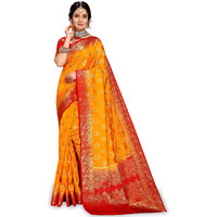 iZibra Womens Saree Kanjivaram Soft Silk Sari for Banarasi Wedding Sarees New Pure Ladies Kanchipuram Pattu Pure Sadi Paithani Original 2023 With Blouse Piece(Barmasi) (Yellow Red)