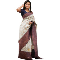 SGF11 Womens Kanjivaram Soft Lichi Silk Saree With Blouse Piece (White Grey Blue)