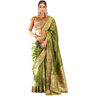 GRECIILOOKS Womens Casual Jacquard Cotton Silk Regular Fit Saree (Green)