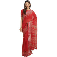 AKHILAM Womens Linen Geometric Saree with Unstitched Blouse Piece(Red_KHNA83004)