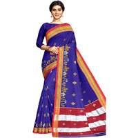 Neyge Womens Handloom Ilkal Pure Cotton Resham Silk Kasuti Saree with Stripe Pallu Running Blouse (RoyalBlue)