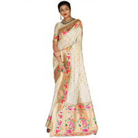 AKHILAM Womens Banarasi Silk Floral Saree with Unstitched Blouse Piece(Beige_KLNJS100003)