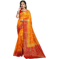 iZibra Women Kanjivaram Soft Cotton Silk Saree Pattu Sarees Banarasi Sari Original Kanchipuram Pure Silk Design with Blouse for Wedding sadi new ladies 2022 (Keri-Meena paithani) (Yellow Red)