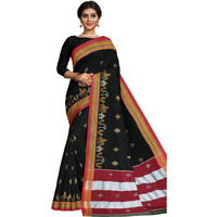 Neyge Womens Handloom Ilkal Pure Cotton Resham Silk Kasuti Saree with Stripe Pallu Running Blouse (Black)