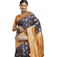 AKHILAM Womens Kanjivaram Banarasi Silk Paithani Saree With Unstitched Blouse Piece (Navy Blue_FF0JMN32001)