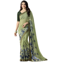 Shruhad Womens Georgette Printed Sarees Jacquard Lace Border Work Saree With Blouse Piece (Multicolored Free Size 6.30 Mtr) (DARK GREEN)