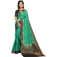 iZibra Women Kanjivaram Soft Cotton Silk Saree Pattu Sarees Banarasi Original Kanchipuram Pure Silk Design with Blouse for Wedding sadi new ladies 2022 (Meena-Wave) (Green NavyBlue)