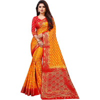 iZibra Women Kanjivaram Soft Cotton Silk Saree Pattu Sarees Banarasi Kanchipuram Silk Design with Blouse for Wedding sadi new ladies 2022 (Meena-Wave) (Yellow Red)