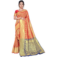 AKHILAM Womens Kanjivaram Silk Woven Design Saree With Unstitched Blouse Piece(Red & Navy Blue_VORE8006)