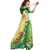 AKHILAM Womens Knit Floral Printed Organza Saree with Unstitched Blouse Piece (Green_FF0SAGE1004)