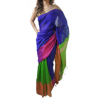 Mehrunnisa Women Handloom Cotton Silk SAREE With Blouse Piece From West Bengal (Blue & Green)