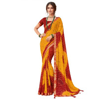 SIRIL Womens Bandhani Printed Chiffon Saree with Blouse(2612S2064_Yellow & Red)