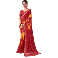 SIRIL Womens Chiffon Bandhani Printed Saree With Unstitched Blouse Piece (3728S2631_Red & Yellow)