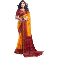 SIRIL Womens Chiffon Bandhani Printed Saree With Unstitched Blouse Piece (3728S2625_Yellow & Maroon)