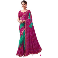 SIRIL Womens Chiffon Bandhani Printed Saree With Unstitched Blouse Piece (3728S2636_Pink & Rama)