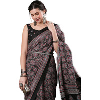 AKHILAM Womens Ajrak Block Print Dola Silk Saree With Unstitched Blouse Piece (Black_KUMRN204)