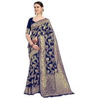 EthnicJunction Womens Banarasi Silk Blend Woven Saree With Blouse Piece (EJ6008-1015-Cherry-Navy_Navy Blue)