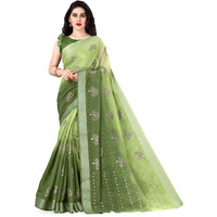 SOURBH Womens Cotton Blend Tree Block Pattern Foil Print Saree with Blouse Piece (24213-Mahendi Green, Gold)