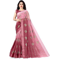 SOURBH Womens Cotton Blend Tree Block Pattern Foil Print Saree with Blouse Piece (24215-Pink, Gold)