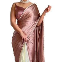 BRAHMSHAKTI Womens Satin Half Half Collection Saree With Blouse Piece, Beige