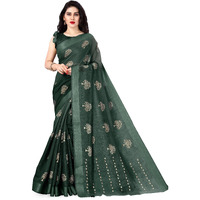 SOURBH Womens Cotton Blend Tree Block Pattern Foil Print Saree with Blouse Piece (24212-Dark Green, Gold)