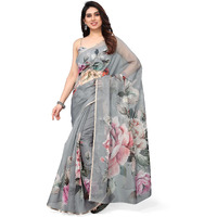 SOURBH Womens Organza Printed Saree with Blouse Piece (23040-Light Grey)