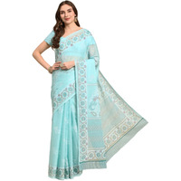 RATAN Pure Cotton Printed Mulmul Saree for Women with Blouse Piece (BGM-BP-5874_Sea Blue)